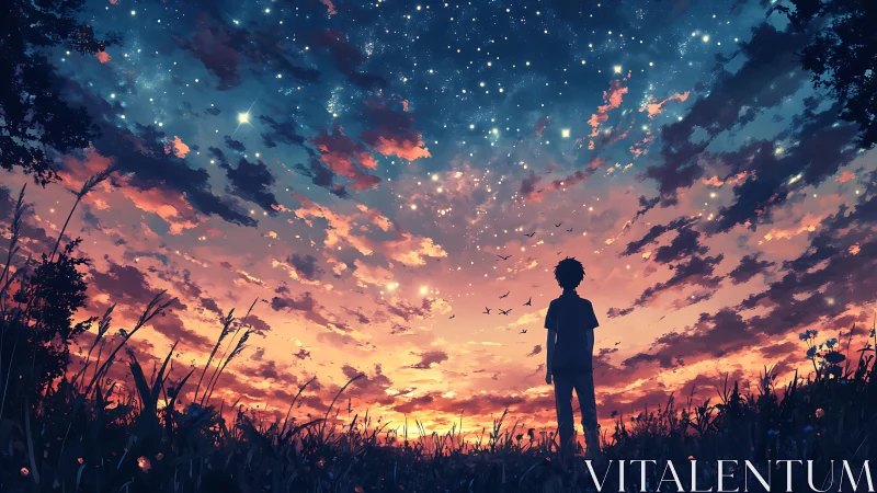 Silhouetted boy under star-swept dusk sky in wild meadow