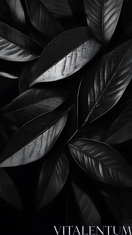 Glossy dark leaves with surface water droplets overlap tightly