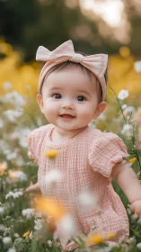 Soft-Focus Botanical Portrait: Infant in Pastel Pink Amid Wildflowers.