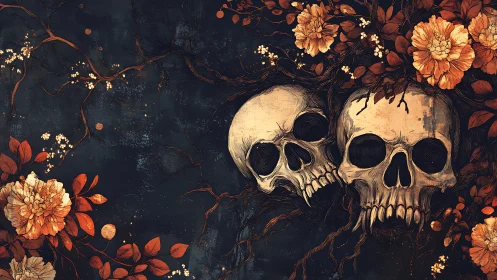 Twin skull garden tangled in autumn blossoms and roots.