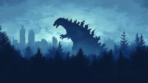 Monochrome kaiju silhouette surveying forested urban skyline.