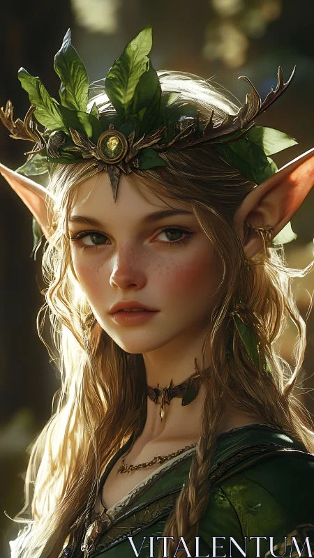Elf portrait with leaf crown and braided blond hair in light.