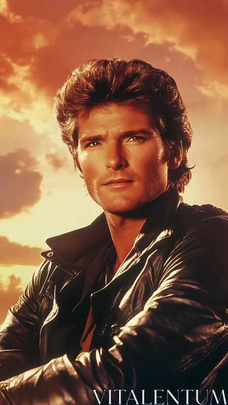 Sunlit leather-clad hero gazes into a blazing sky