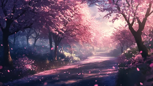 Petal-laden dreamway beneath glowing spring cherry canopies.