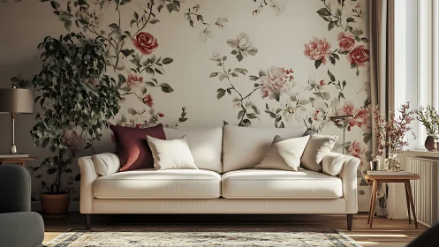 Floral daydream sofa nook in sunlit romantic living room.
