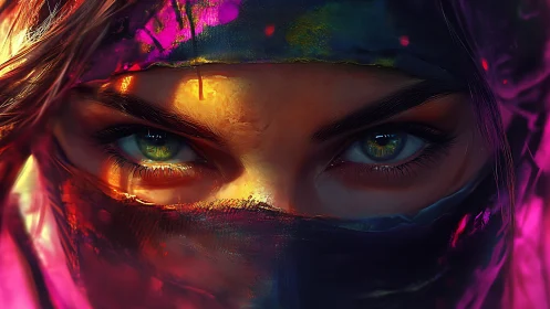 Masked figure close-up with vivid neon lighting and fabric.