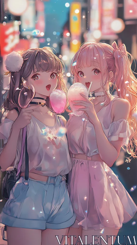 Two girls with drinks in illuminated urban night street scene.