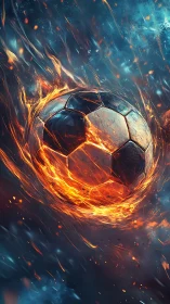 Fiery soccer ball streaks through stormy blue inferno.