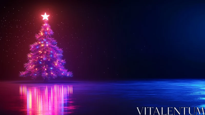 Neon starlit Christmas tree glowing over mirrored ice.