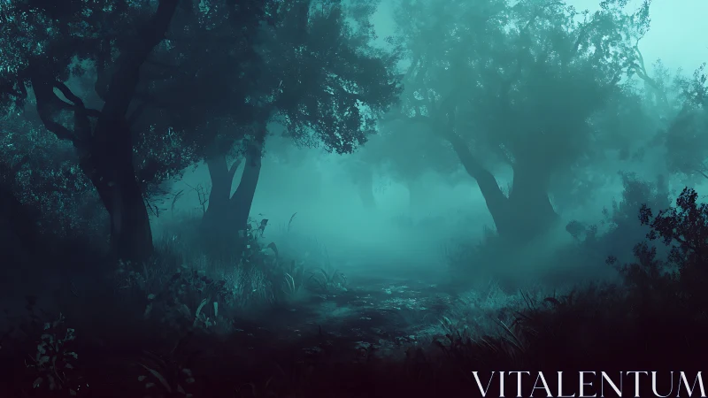 Foggy forest path under dense trees in blue light.