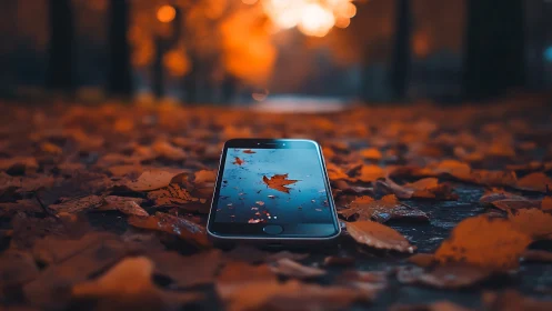 Smartphone reflecting autumn leaf in shallow depth of field