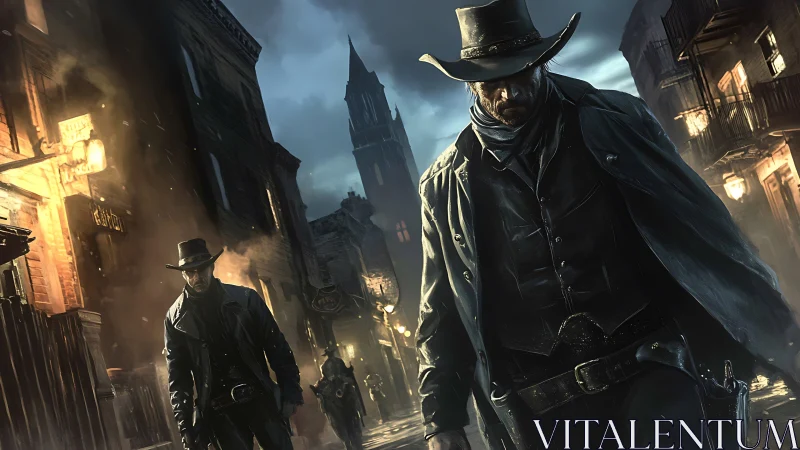 Two armed cowboys walk through a dark wet Western street.