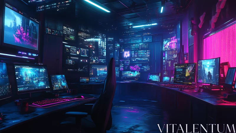 Futuristic control room shows curved workstation of monitors