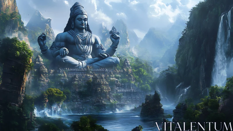 Colossal seated deity statue amid misted river valley landscape.