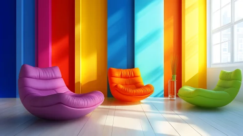 3D lounge interior with chromatic panels and sculpted chairs.