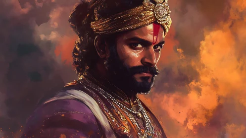 Regal warrior portrait rendered in high-contrast digital painting lighting.