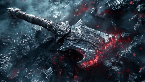 Runed warhammer on molten rock with glowing ember fissures.