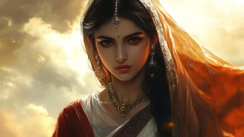 Regal woman in traditional attire stands beneath glowing skies