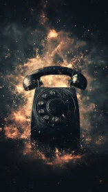 Rotary telephone in midair with dispersing fiery particles.