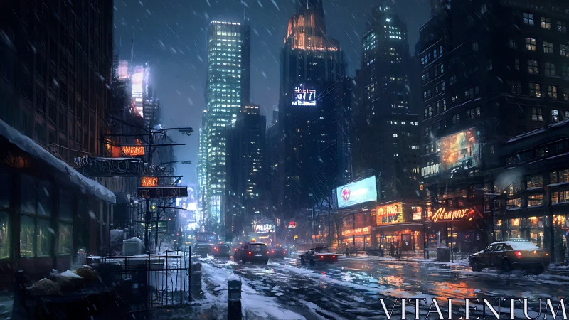 Neon snowfall over restless city taxis and glimmering towers.