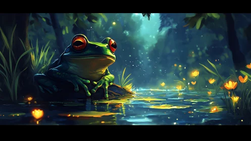 Emerald tree frog overlooks glowing twilight forest pond