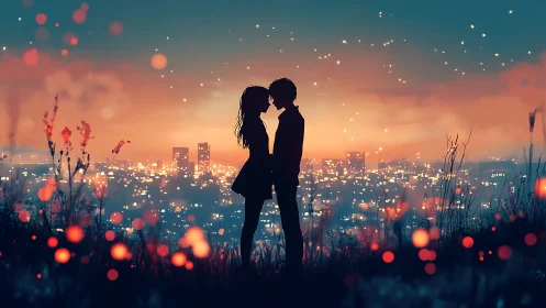 Silhouetted couple kissing above neon cityscape at dusk.