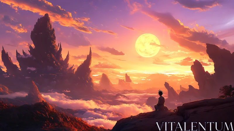 Dreamy sunset wanderer resting above a glowing cloud sea.