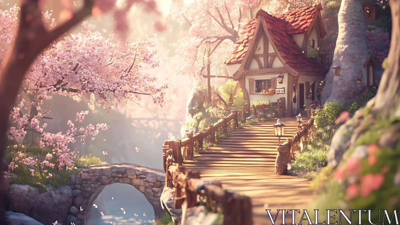 Sunlit cottage bridge welcomes spring under cherry blossoms