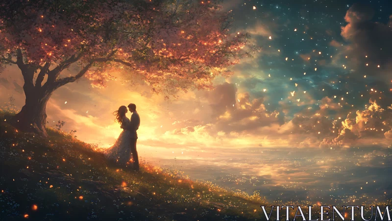 Luminous Embrace: Digital Fantasy Rendering of Romantic Golden Hour Silhouette.
