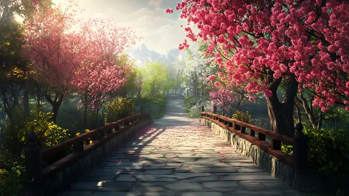 Sunlit stone bridge beneath fluttering spring blossoms.
