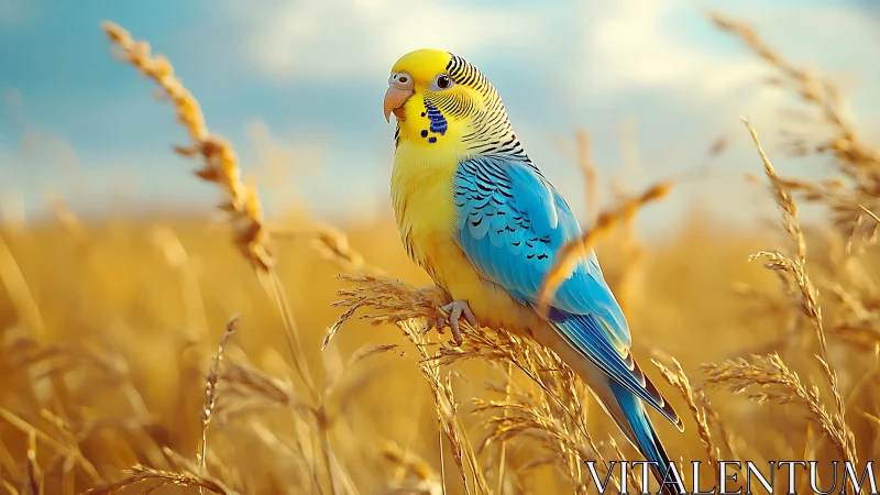 Vibrant blue and yellow budgerigar in golden wheat field, natural light.