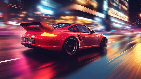 Scarlet sports coupe racing through neon city streets at night.