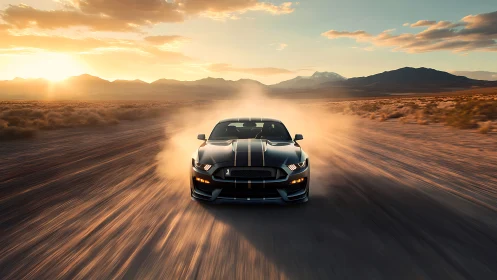 Sunlit muscle car charges across a dusty open desert road
