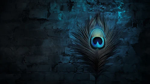 Iridescent peacock feather against dark textured stone wall