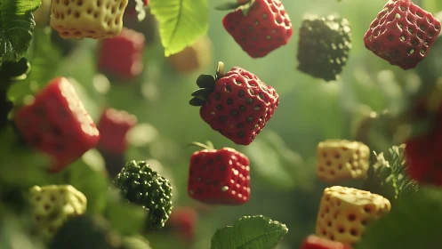 Cubed strawberries drift through soft green forest light.