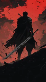 Sword-heavy wanderer carves silence beneath a burning sky
