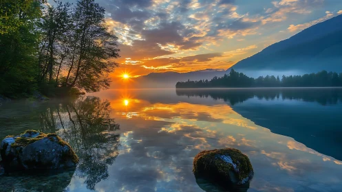 Tranquil mountain lake sunrise reflects glowing clouds