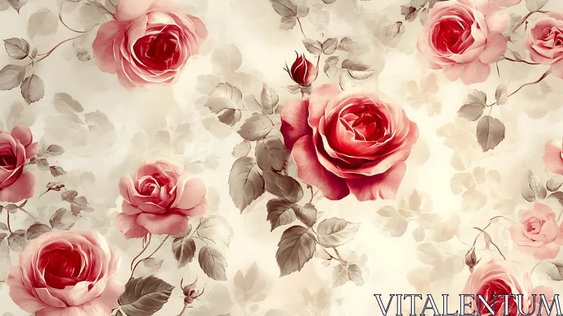 Pink and Red Roses on Cream Background.