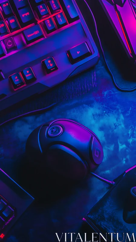 Neon Gaming Setup with Vibrant Purple and Blue Lighting.