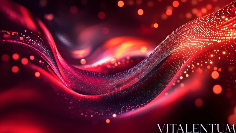 Vibrant red abstract digital wave with glowing particles, modern style.