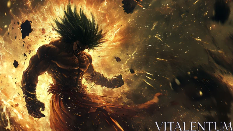 Explosive warrior eruption amid molten cosmic energy storm.