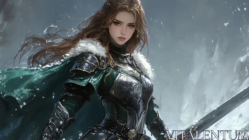 Winter armored warrior with emerald cloak in storm snowfield.