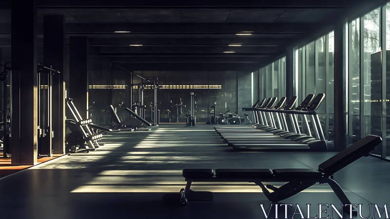 Quiet modern gym bathed in sunrise light and soft shadows.