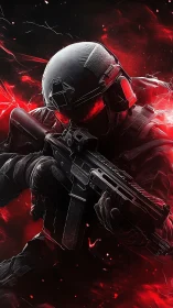 Futuristic tactical soldier with rifle in red combat glow.
