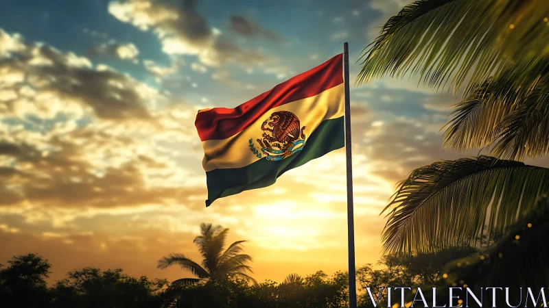 Sunlit Mexican flag dancing above tropical palm silhouettes.