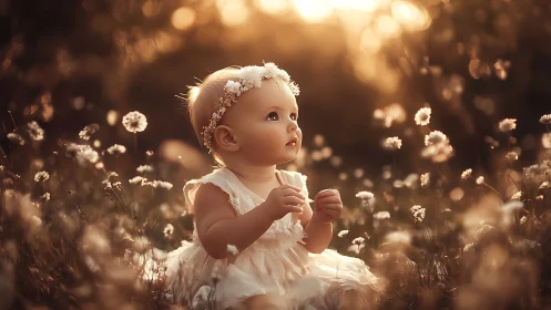 Ethereal Wonder: Cherub Discovers Dandelion Dreams in Golden Light