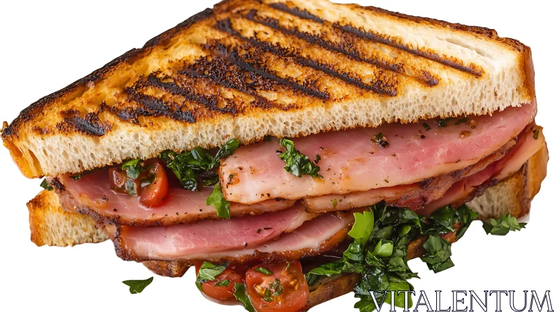 Grilled ham sandwich with herbs and tomatoes on toast.
