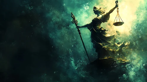 Lady Justice emerges through stormy light to symbolize balance
