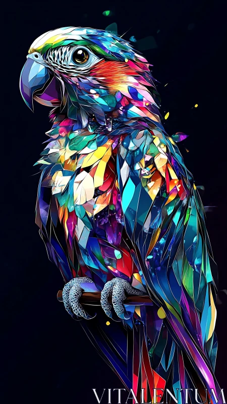 Polygonal macaw rendered as prismatic vector geometry in neon tones