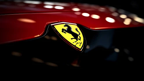 Close-up front emblem on red sports car hood surface.